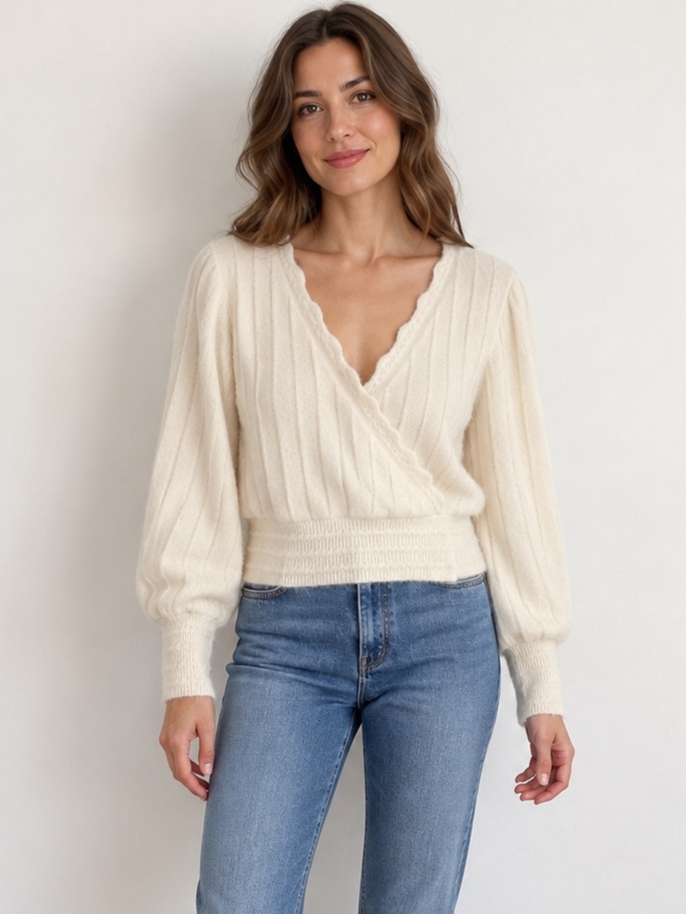 Alpaca Blend Wrap Sweater Scalloped V Neck Puff Sleeve Cream Vineyard Vines S